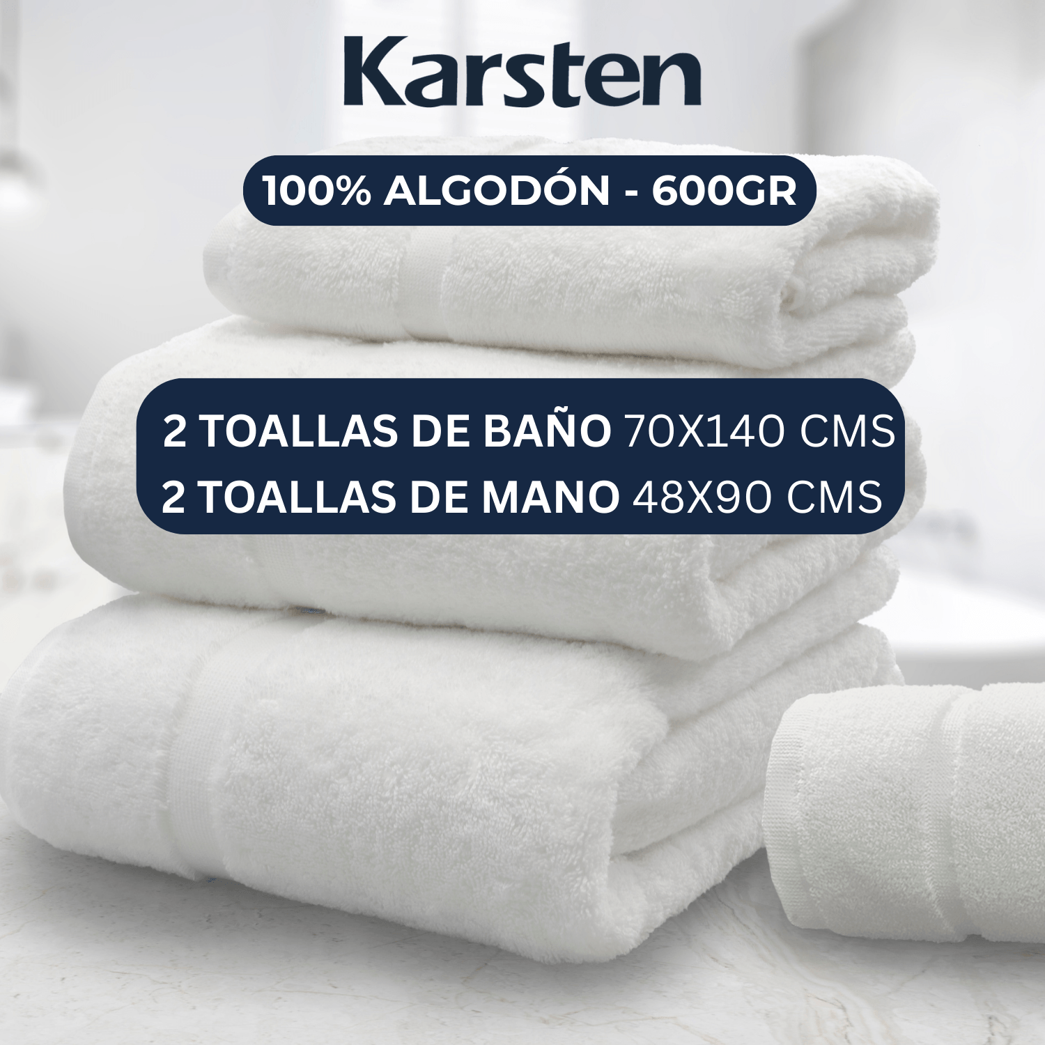 Set Toalla baño hotelera 4 Piezas 600gr 100% Algodón blancas